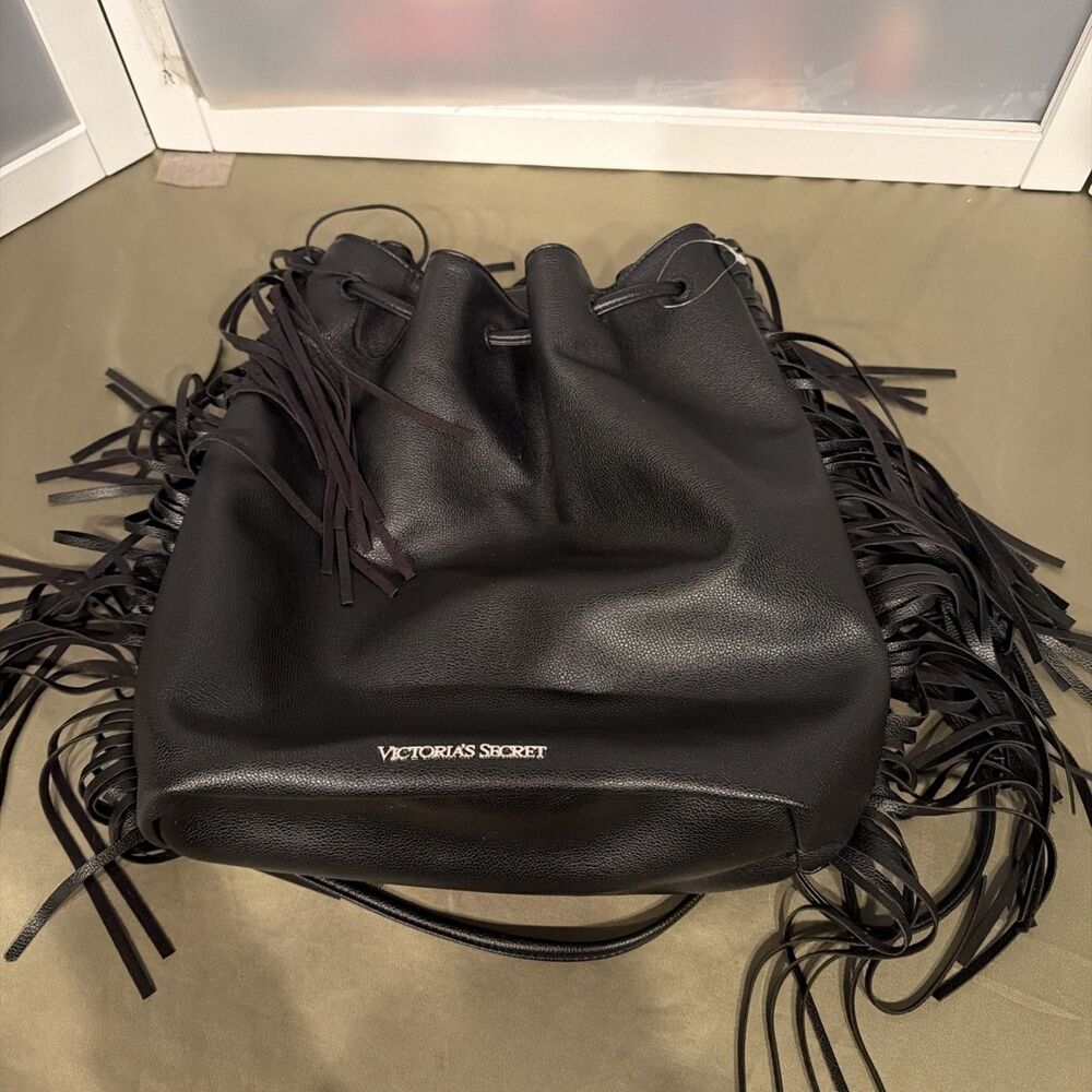 Victoria's Secret Backpack Purse Black Vegan Faux Leather Fringe Bag Boho Hippie